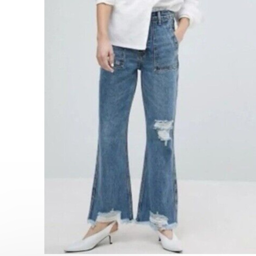 Evidnt Saint-Denis Flare Jeans High Rise Distressed Button Fly Blue Denim 27 NEW